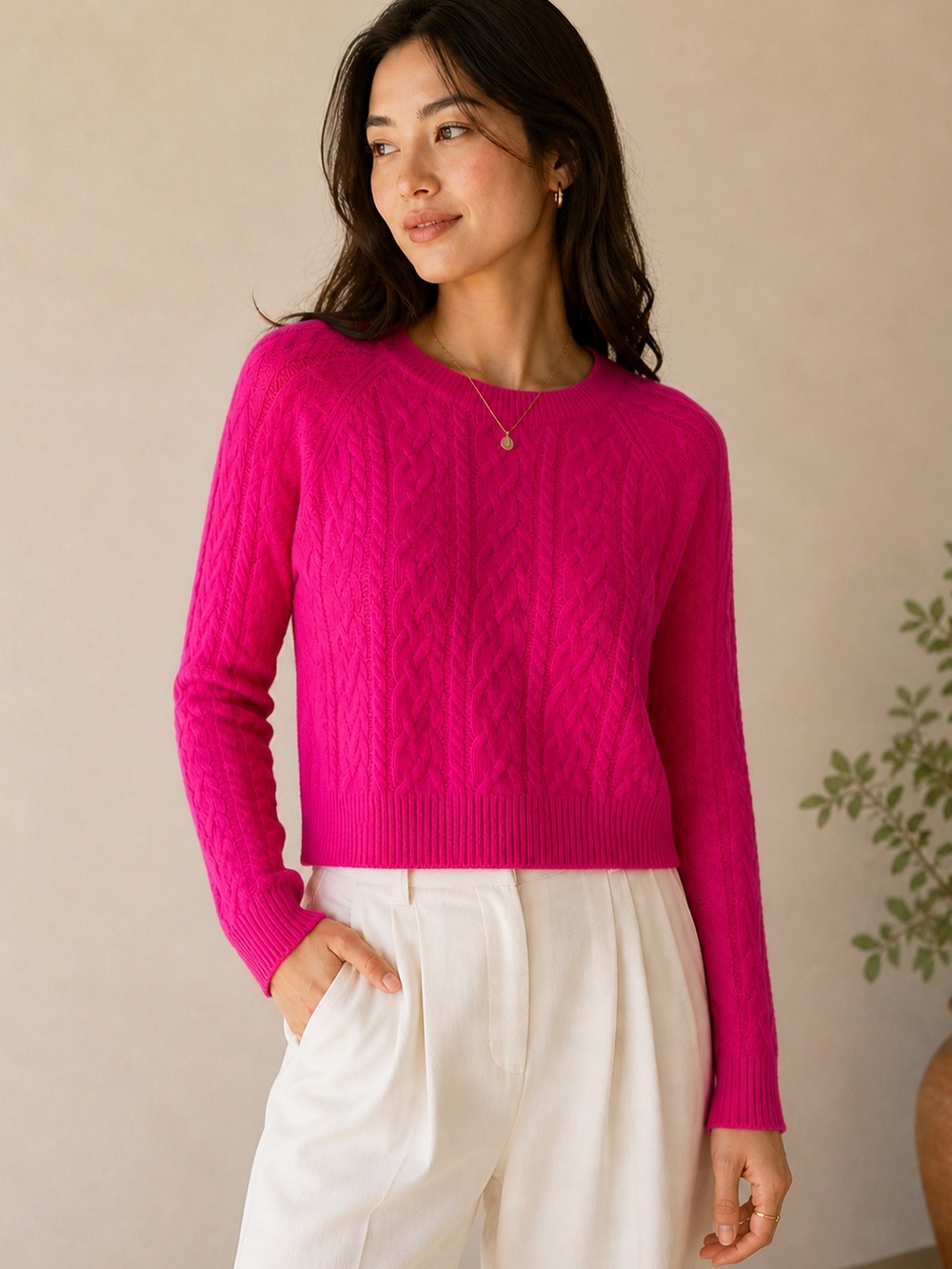 J.Crew 100% Cashmere Cable Knit Cropped Sweater Neon Pink XS